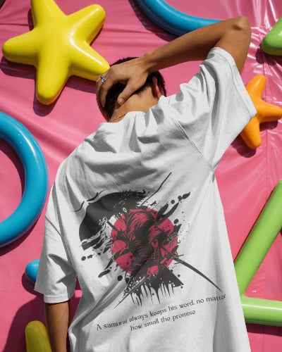 Japanese Samurai Oversized T-Shirt for Men | Premium Cotton Streetwear Tee | Anime Inspired Graphic Back Print | White